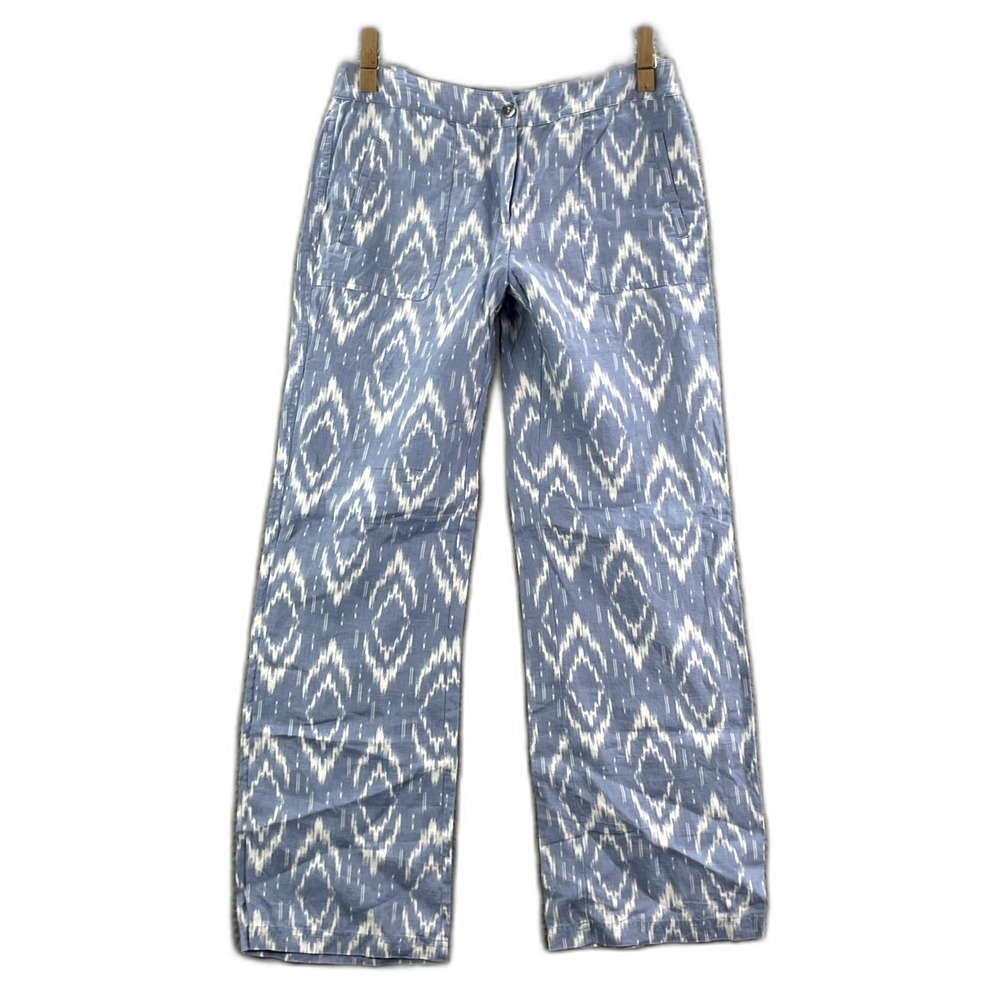 Chico's Wide Leg Linen Pants Women 00 Blue White Ikat Print Relaxed Fit Gorpcore